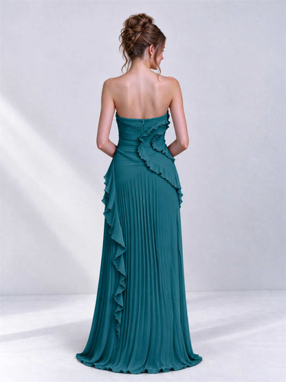 Strapless A-Line Chiffon Ruffle Pleated Sleeveless Wedding Guest Dress with Split Side