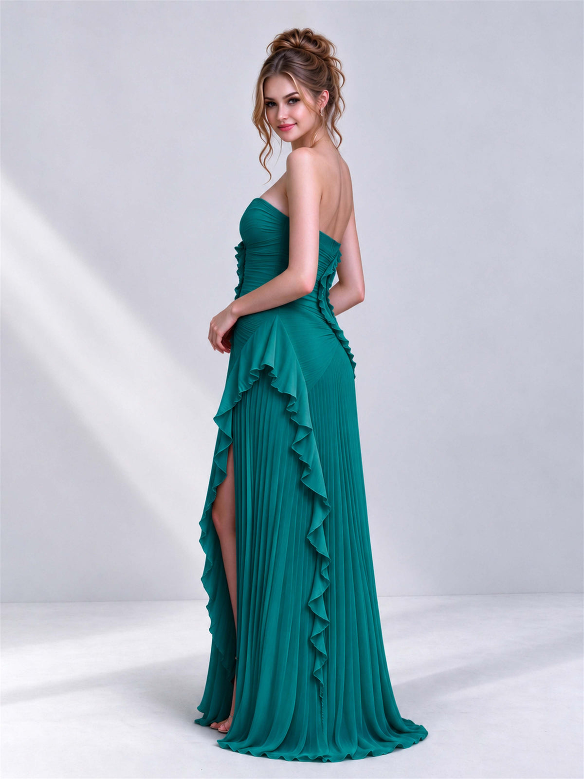 Strapless A-Line Chiffon Ruffle Pleated Sleeveless Wedding Guest Dress with Split Side