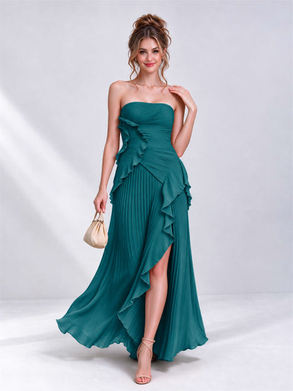 Strapless A-Line Chiffon Ruffle Pleated Sleeveless Wedding Guest Dress with Split Side