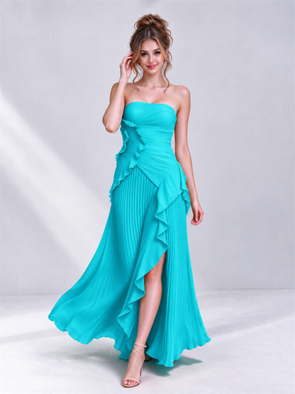 Strapless A-Line Chiffon Ruffle Pleated Sleeveless Wedding Guest Dress with Split Side