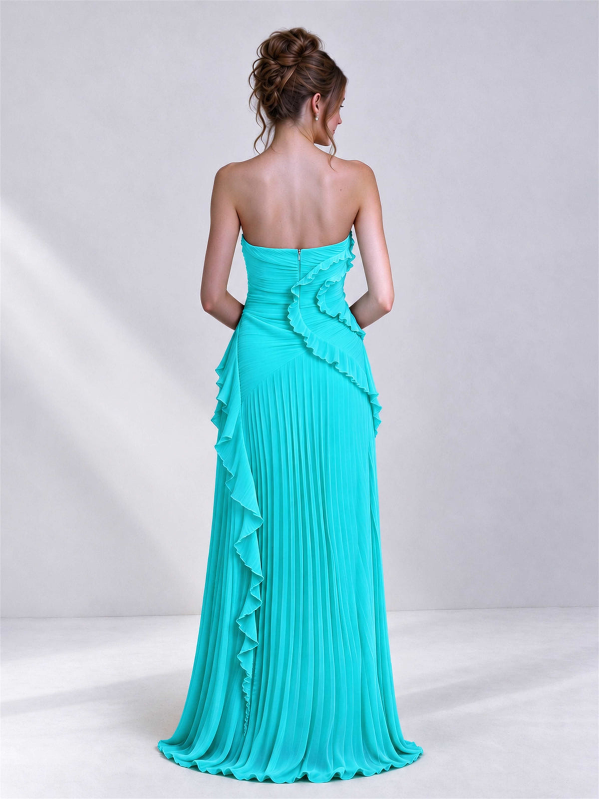 Strapless A-Line Chiffon Ruffle Pleated Sleeveless Wedding Guest Dress with Split Side