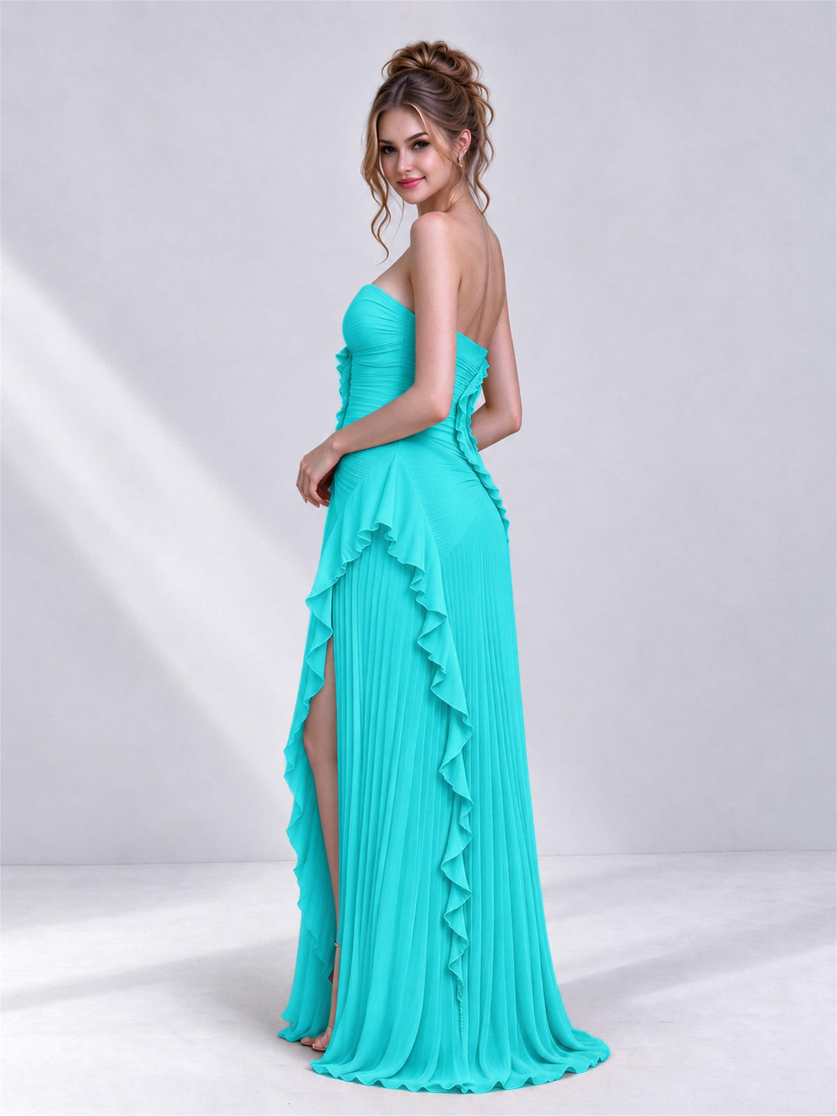 Strapless A-Line Chiffon Ruffle Pleated Sleeveless Wedding Guest Dress with Split Side