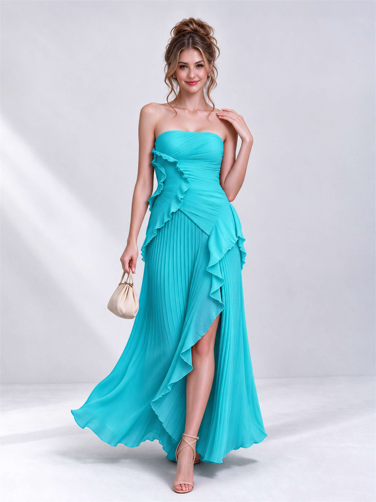 Strapless A-Line Chiffon Ruffle Pleated Sleeveless Wedding Guest Dress with Split Side