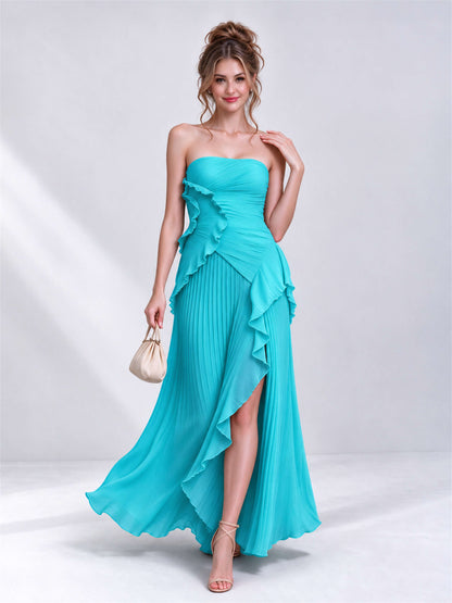 Strapless A-Line Chiffon Ruffle Pleated Sleeveless Wedding Guest Dress with Split Side