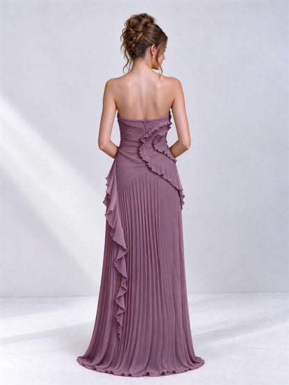 Strapless A-Line Chiffon Ruffle Pleated Sleeveless Wedding Guest Dress with Split Side