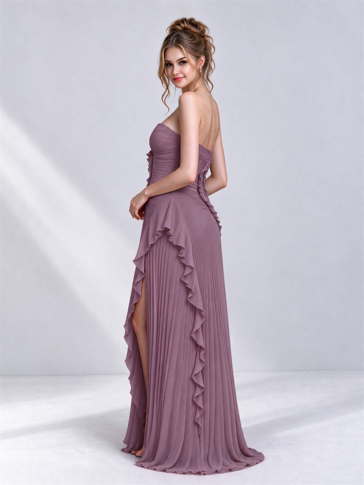 Strapless A-Line Chiffon Ruffle Pleated Sleeveless Wedding Guest Dress with Split Side