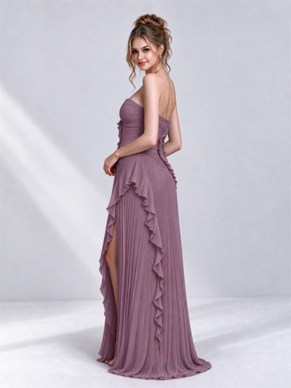 Strapless A-Line Chiffon Ruffle Pleated Sleeveless Wedding Guest Dress with Split Side