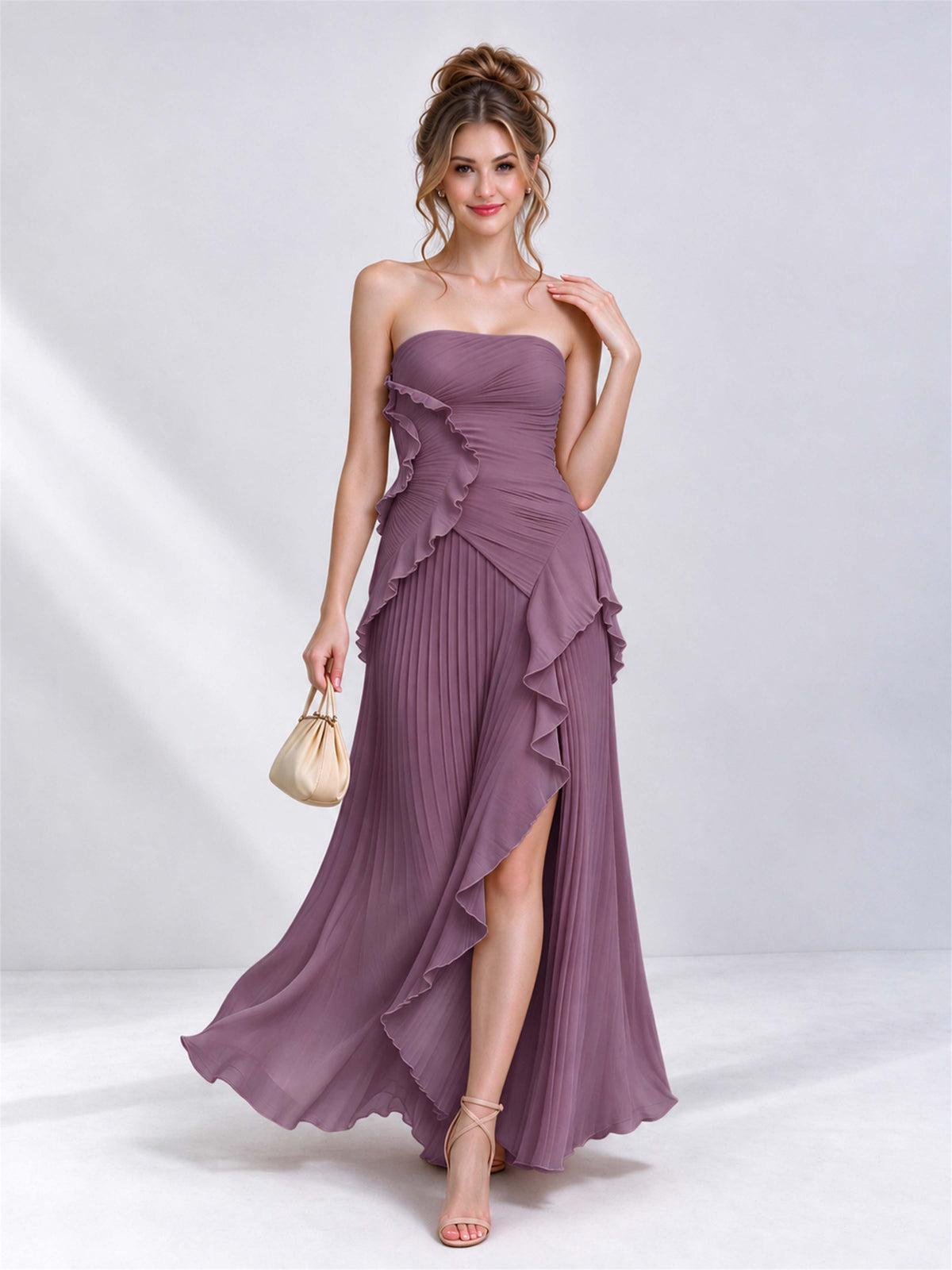 Strapless A-Line Chiffon Ruffle Pleated Sleeveless Wedding Guest Dress with Split Side