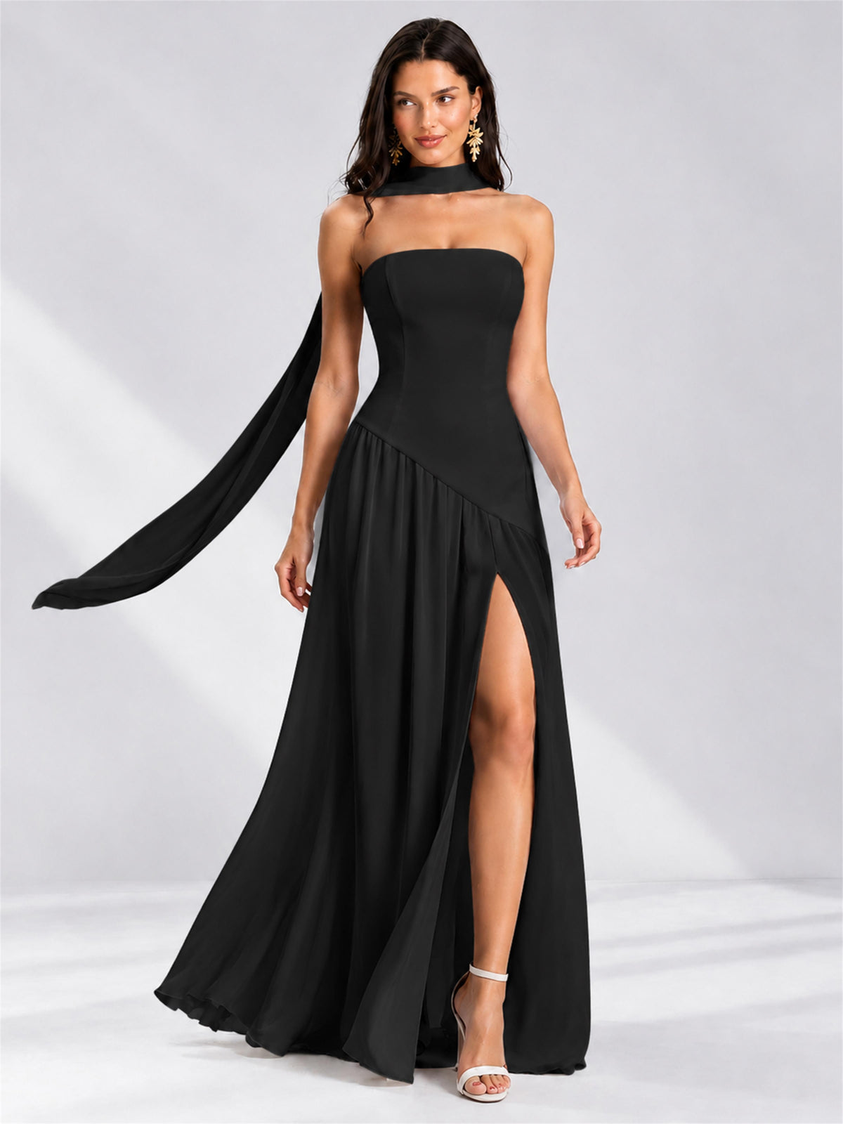 Strapless A-Line Chiffon Sleeveless Floor-Length Wedding Guest Dress with Scarf