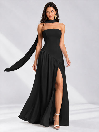Strapless A-Line Chiffon Sleeveless Floor-Length Wedding Guest Dress with Scarf