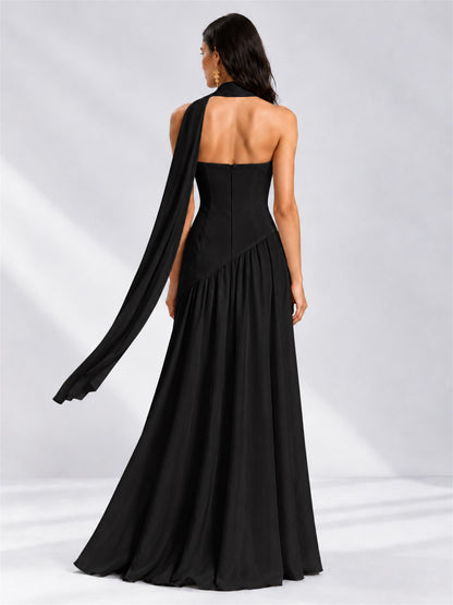 Strapless A-Line Chiffon Sleeveless Floor-Length Wedding Guest Dress with Scarf