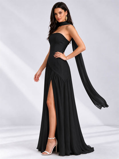 Strapless A-Line Chiffon Sleeveless Floor-Length Wedding Guest Dress with Scarf