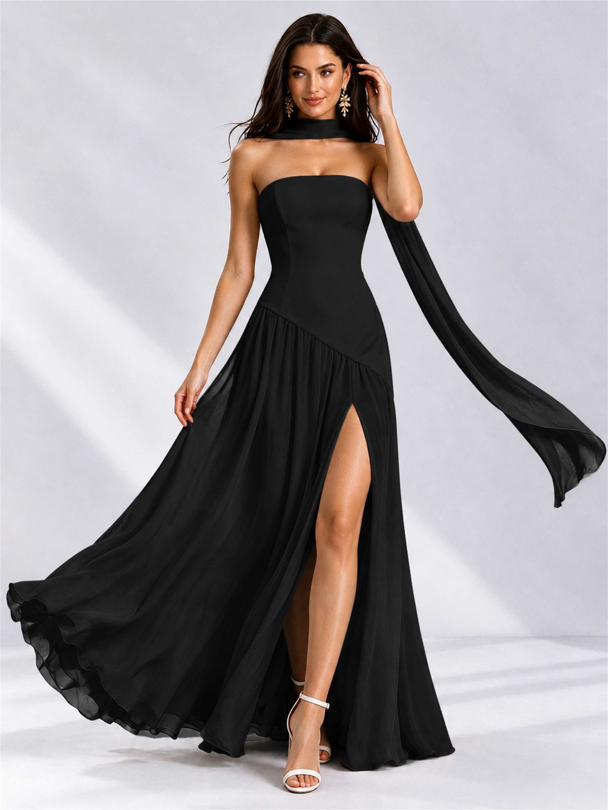 Strapless A-Line Chiffon Sleeveless Floor-Length Wedding Guest Dress with Scarf