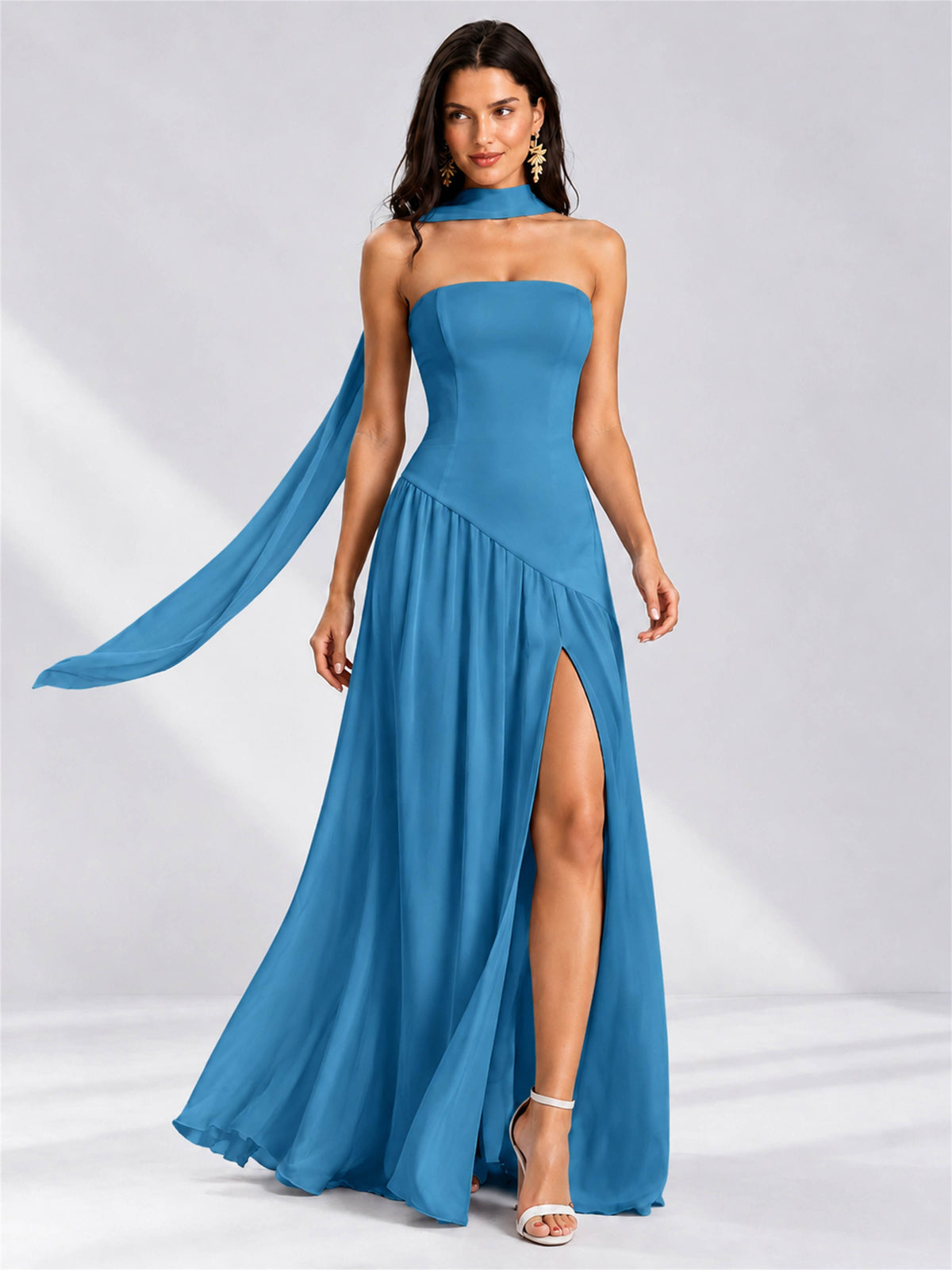 Strapless A-Line Chiffon Sleeveless Floor-Length Wedding Guest Dress with Scarf