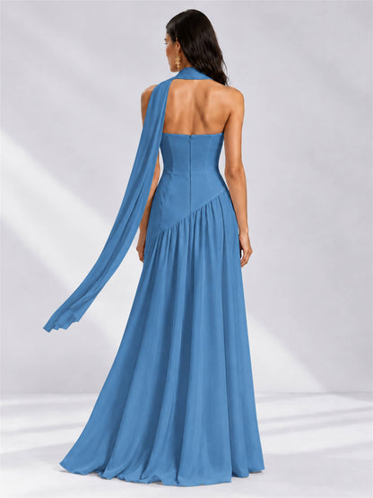 Strapless A-Line Chiffon Sleeveless Floor-Length Wedding Guest Dress with Scarf