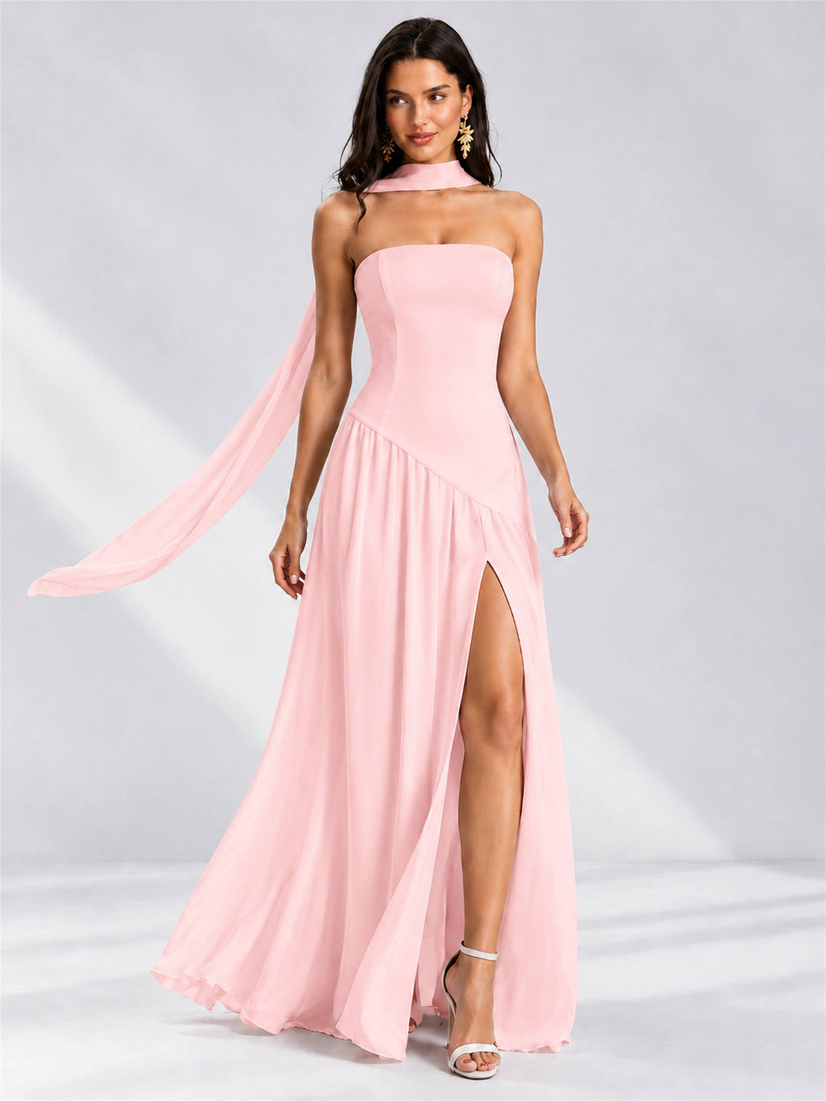 Strapless A-Line Chiffon Sleeveless Floor-Length Wedding Guest Dress with Scarf