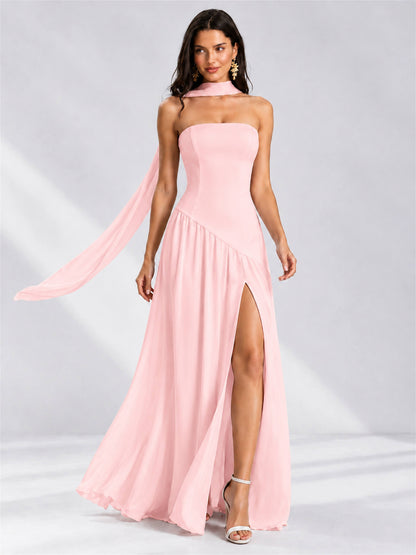 Strapless A-Line Chiffon Sleeveless Floor-Length Wedding Guest Dress with Scarf