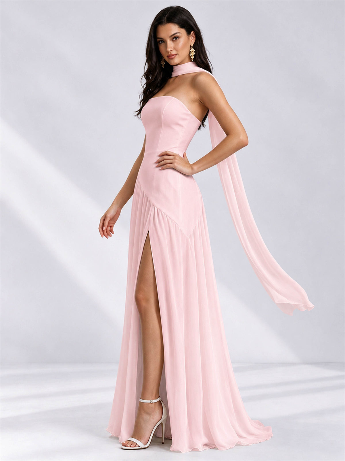 Strapless A-Line Chiffon Sleeveless Floor-Length Wedding Guest Dress with Scarf