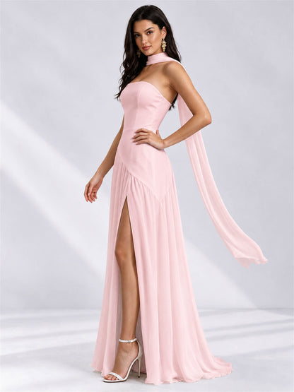 Strapless A-Line Chiffon Sleeveless Floor-Length Wedding Guest Dress with Scarf