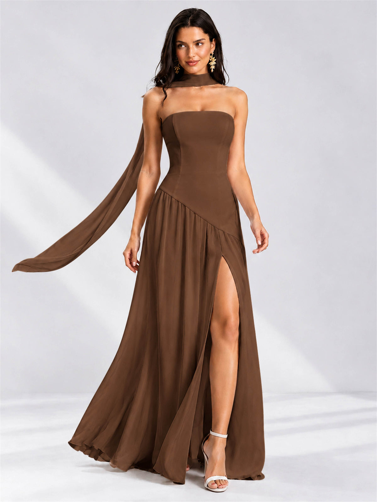 Strapless A-Line Chiffon Sleeveless Floor-Length Wedding Guest Dress with Scarf