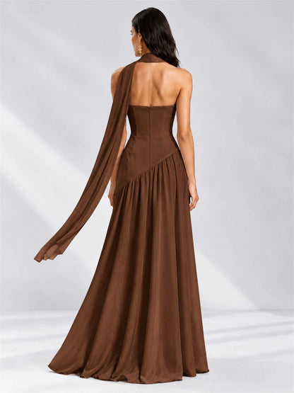 Strapless A-Line Chiffon Sleeveless Floor-Length Wedding Guest Dress with Scarf