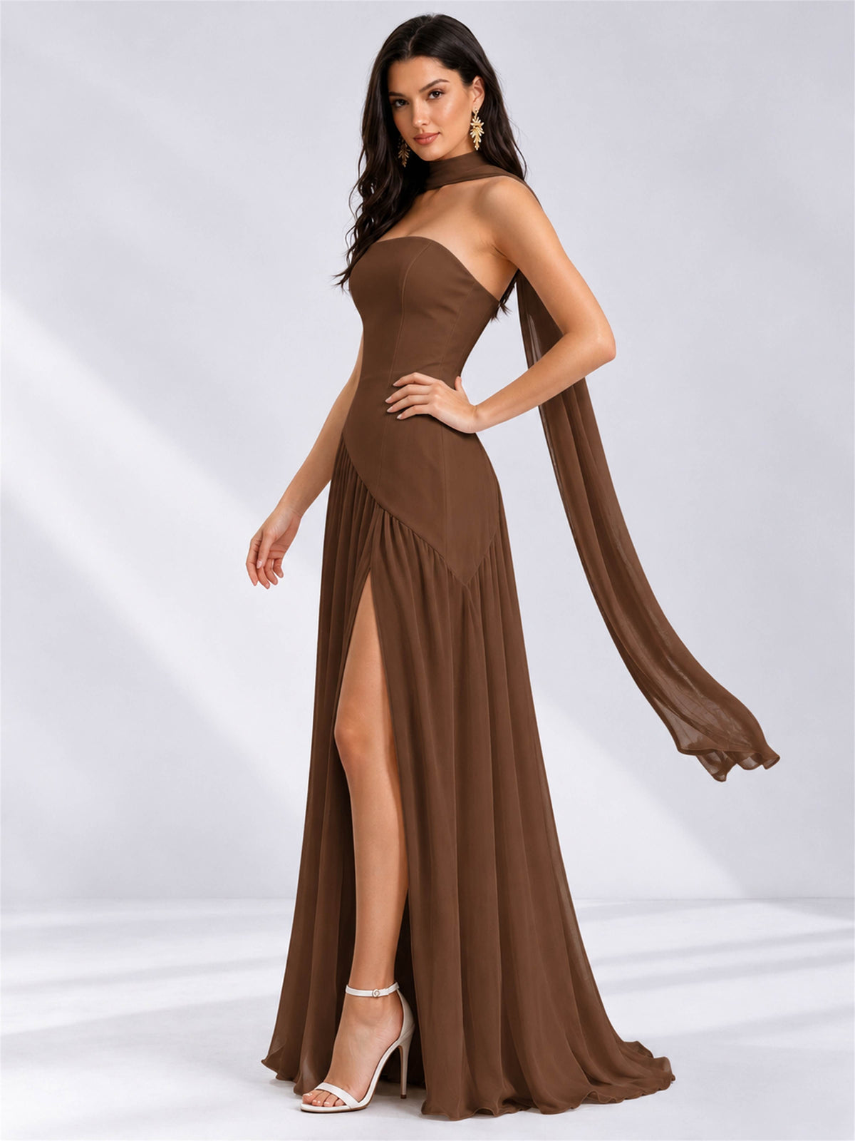 Strapless A-Line Chiffon Sleeveless Floor-Length Wedding Guest Dress with Scarf