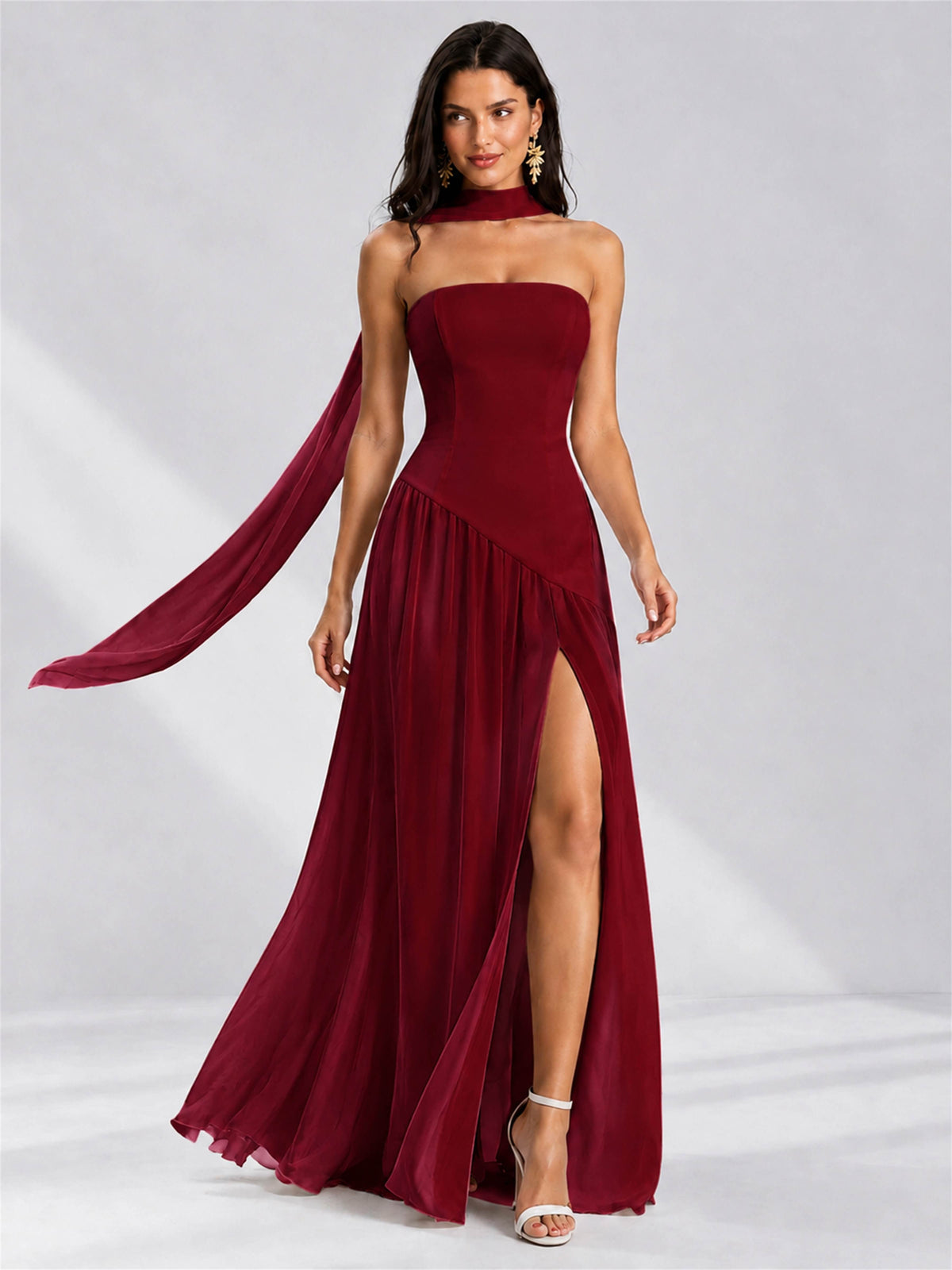 Strapless A-Line Chiffon Sleeveless Floor-Length Wedding Guest Dress with Scarf