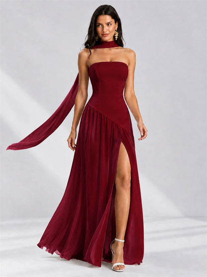 Strapless A-Line Chiffon Sleeveless Floor-Length Wedding Guest Dress with Scarf