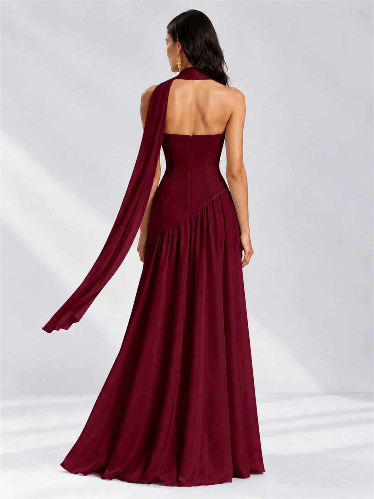 Strapless A-Line Chiffon Sleeveless Floor-Length Wedding Guest Dress with Scarf