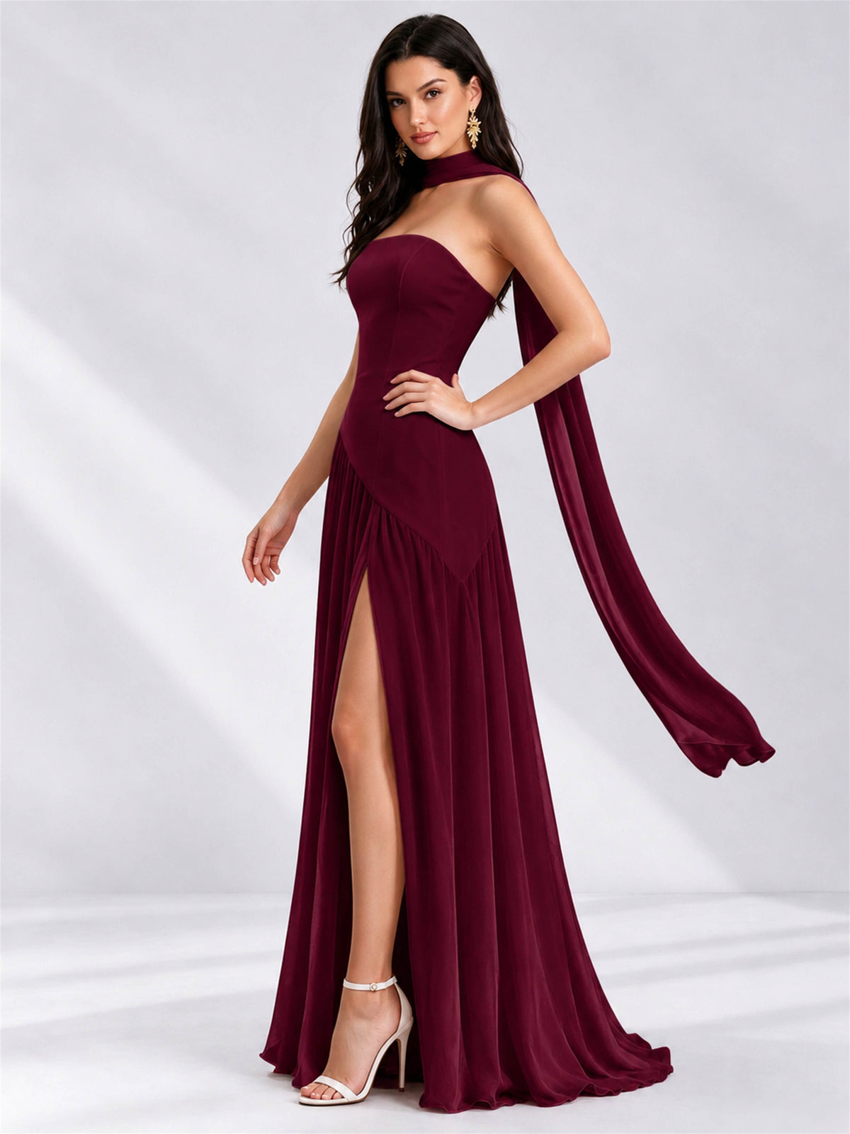 Strapless A-Line Chiffon Sleeveless Floor-Length Wedding Guest Dress with Scarf