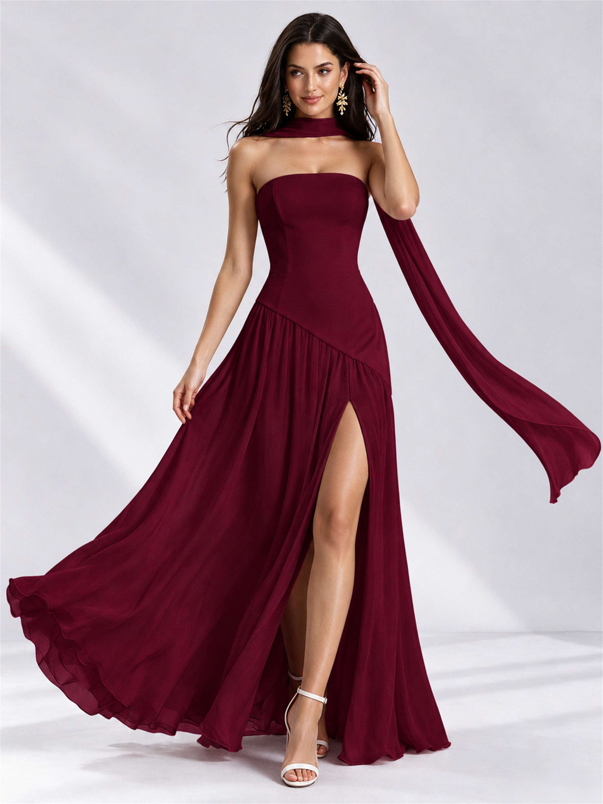 Strapless A-Line Chiffon Sleeveless Floor-Length Wedding Guest Dress with Scarf