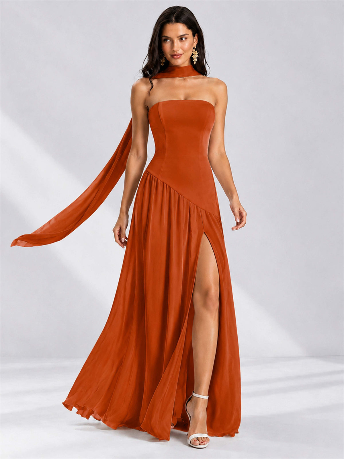 Strapless A-Line Chiffon Sleeveless Floor-Length Wedding Guest Dress with Scarf