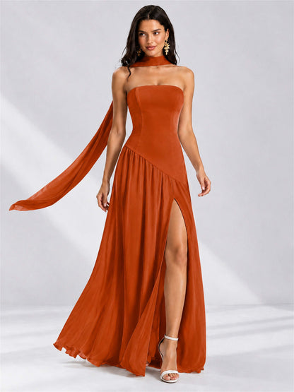 Strapless A-Line Chiffon Sleeveless Floor-Length Wedding Guest Dress with Scarf