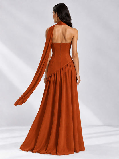 Strapless A-Line Chiffon Sleeveless Floor-Length Wedding Guest Dress with Scarf