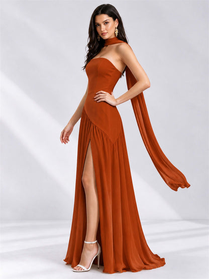 Strapless A-Line Chiffon Sleeveless Floor-Length Wedding Guest Dress with Scarf