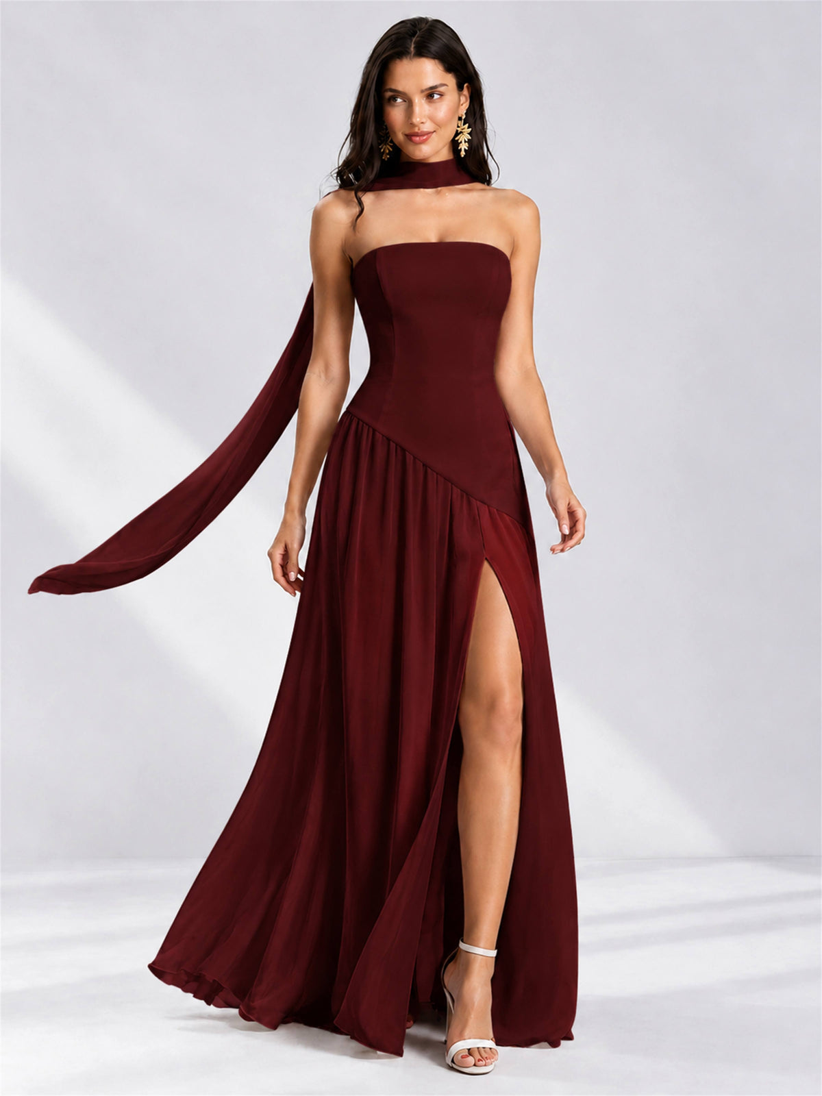Strapless A-Line Chiffon Sleeveless Floor-Length Wedding Guest Dress with Scarf