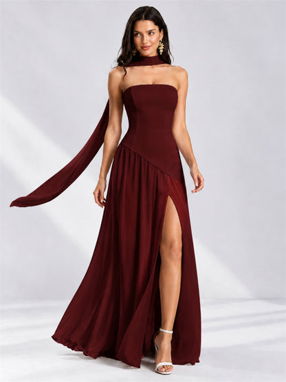 Strapless A-Line Chiffon Sleeveless Floor-Length Wedding Guest Dress with Scarf
