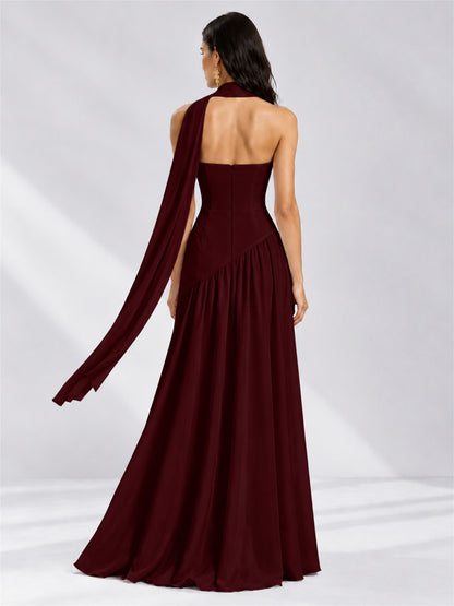 Strapless A-Line Chiffon Sleeveless Floor-Length Wedding Guest Dress with Scarf