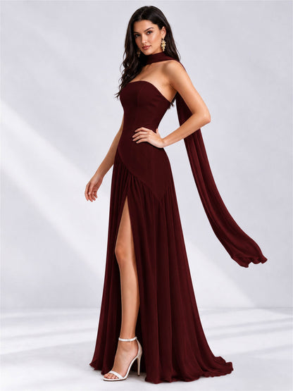 Strapless A-Line Chiffon Sleeveless Floor-Length Wedding Guest Dress with Scarf