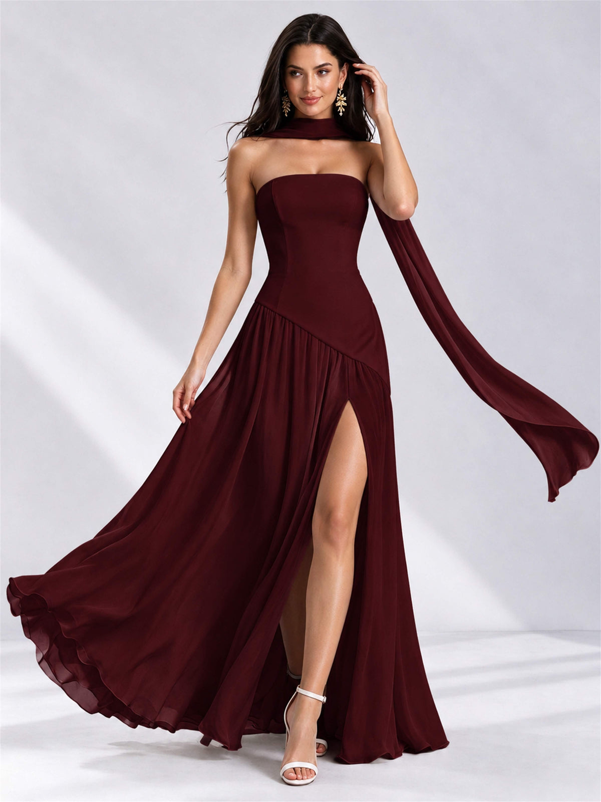 Strapless A-Line Chiffon Sleeveless Floor-Length Wedding Guest Dress with Scarf