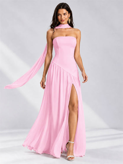Strapless A-Line Chiffon Sleeveless Floor-Length Wedding Guest Dress with Scarf