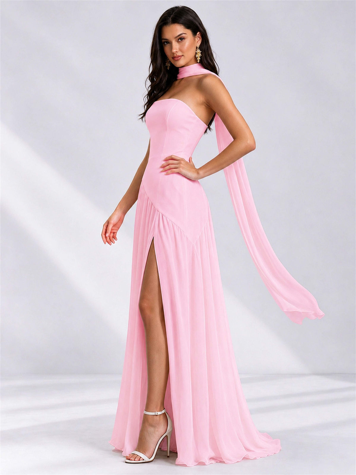 Strapless A-Line Chiffon Sleeveless Floor-Length Wedding Guest Dress with Scarf