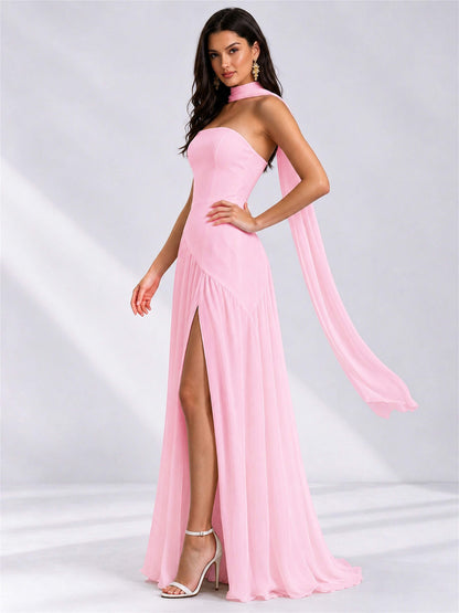Strapless A-Line Chiffon Sleeveless Floor-Length Wedding Guest Dress with Scarf