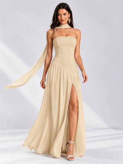 Strapless A-Line Chiffon Sleeveless Floor-Length Wedding Guest Dress with Scarf