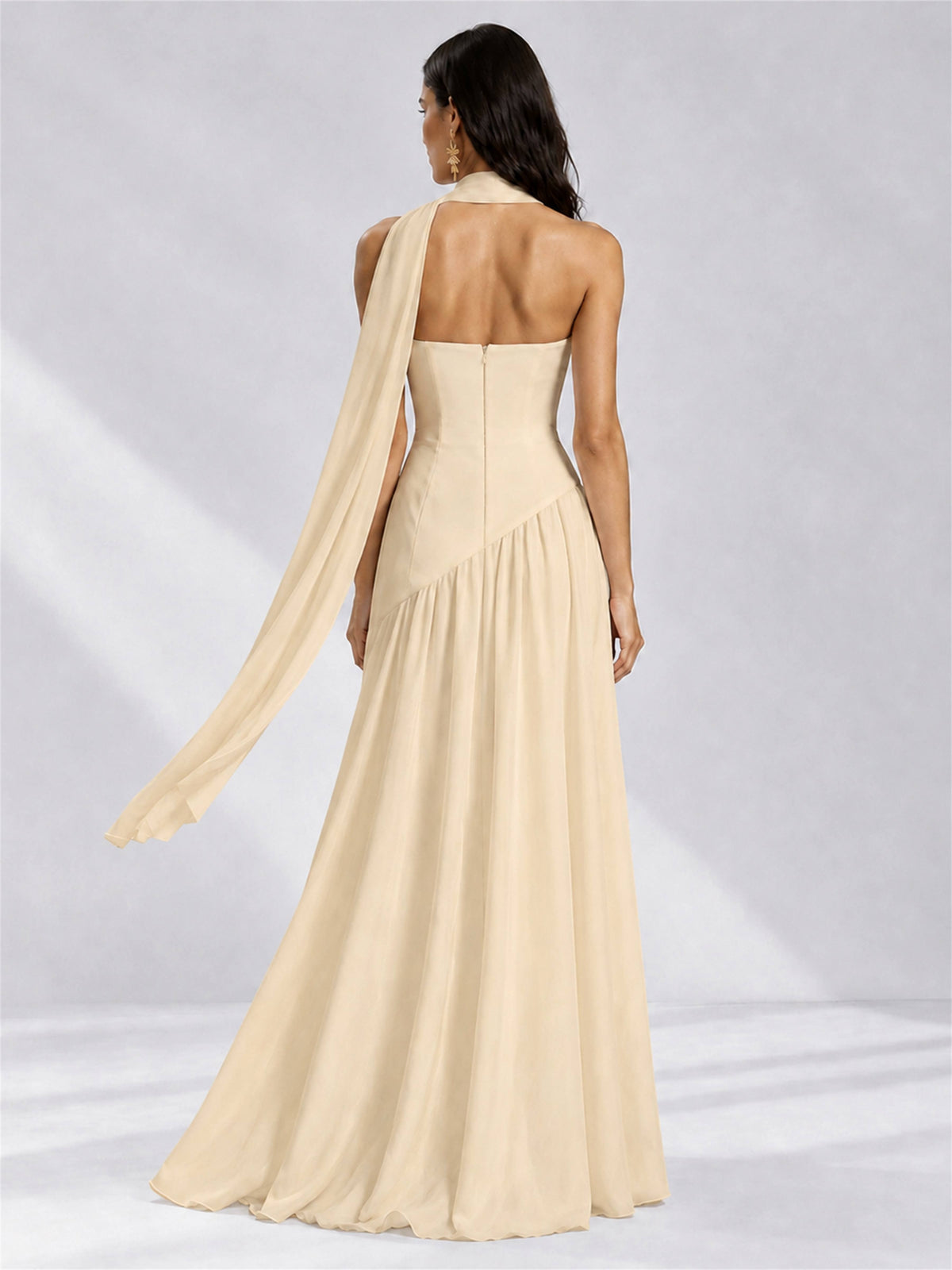 Strapless A-Line Chiffon Sleeveless Floor-Length Wedding Guest Dress with Scarf