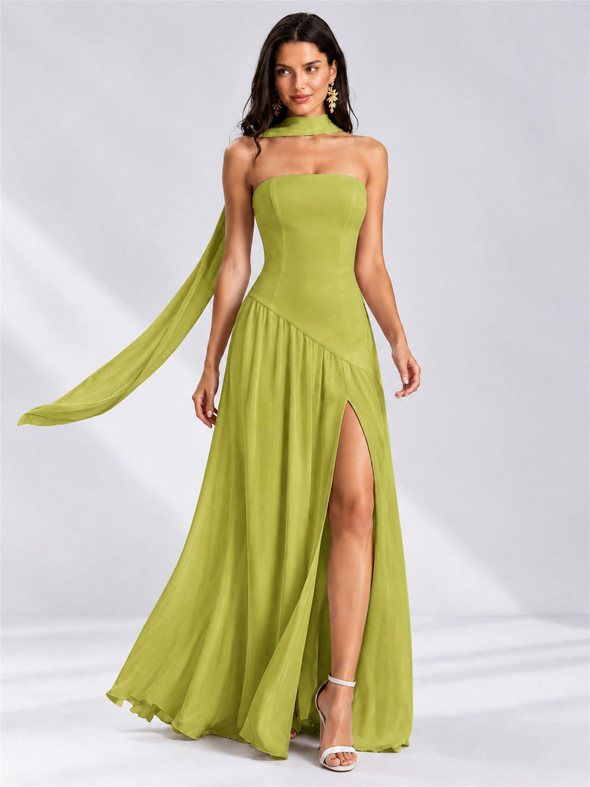 Strapless A-Line Chiffon Sleeveless Floor-Length Wedding Guest Dress with Scarf