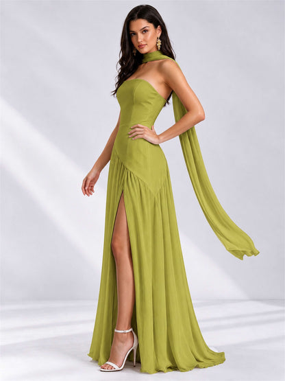 Strapless A-Line Chiffon Sleeveless Floor-Length Wedding Guest Dress with Scarf