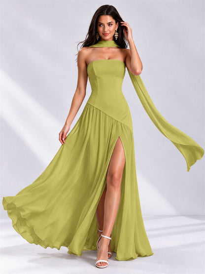 Strapless A-Line Chiffon Sleeveless Floor-Length Wedding Guest Dress with Scarf