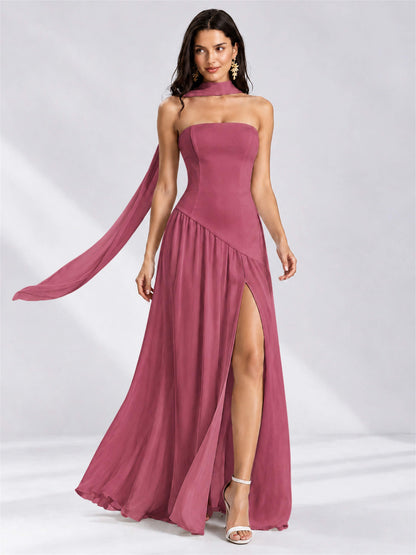 Strapless A-Line Chiffon Sleeveless Floor-Length Wedding Guest Dress with Scarf