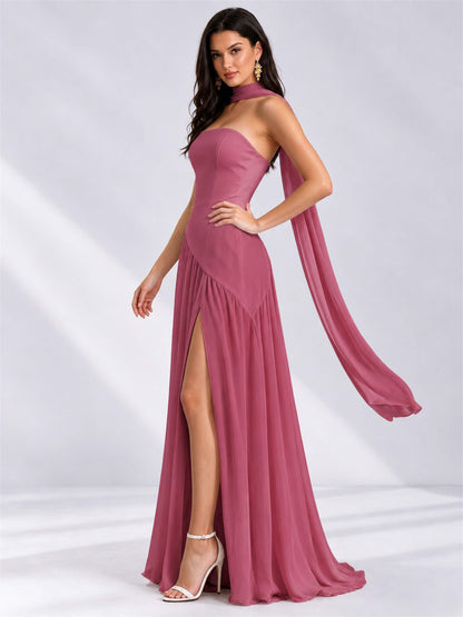 Strapless A-Line Chiffon Sleeveless Floor-Length Wedding Guest Dress with Scarf